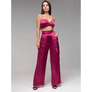 DREW By Anthropologie NWT Eva Wide Leg HW 90s Party Pants Baggy Satin In Berry M